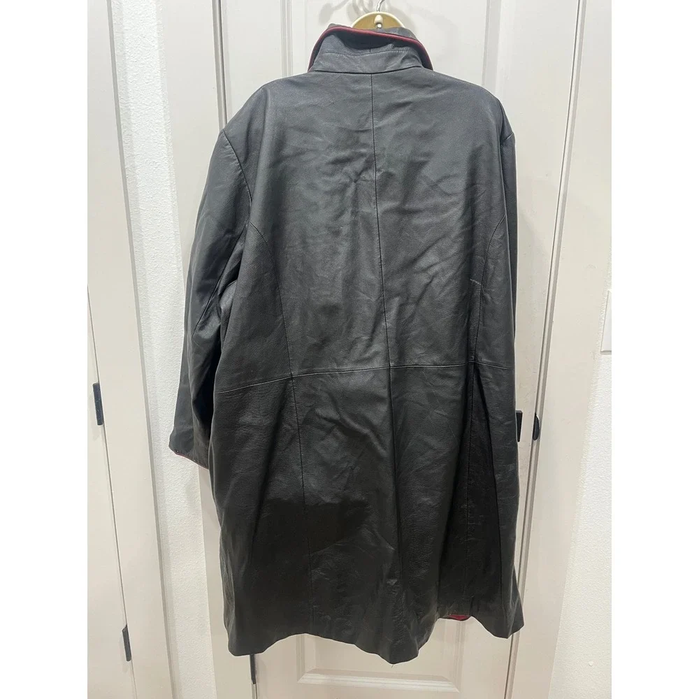 Mens Black Leather Trench Coat Pink Trim‎ Duster Jacket Outerwear Venezia